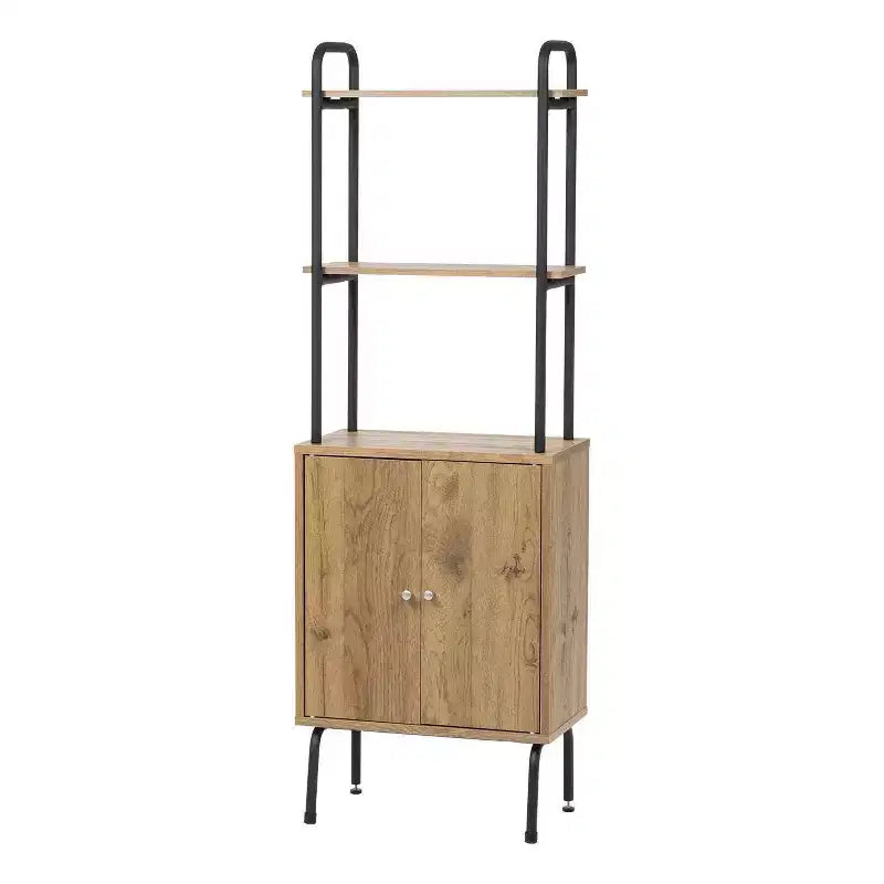  Storage Cabinet with Doors and Shelves: MDF Composite & Metal, 3 Open Shelves, Decorative Wall Shelf Set, Black/Brown
