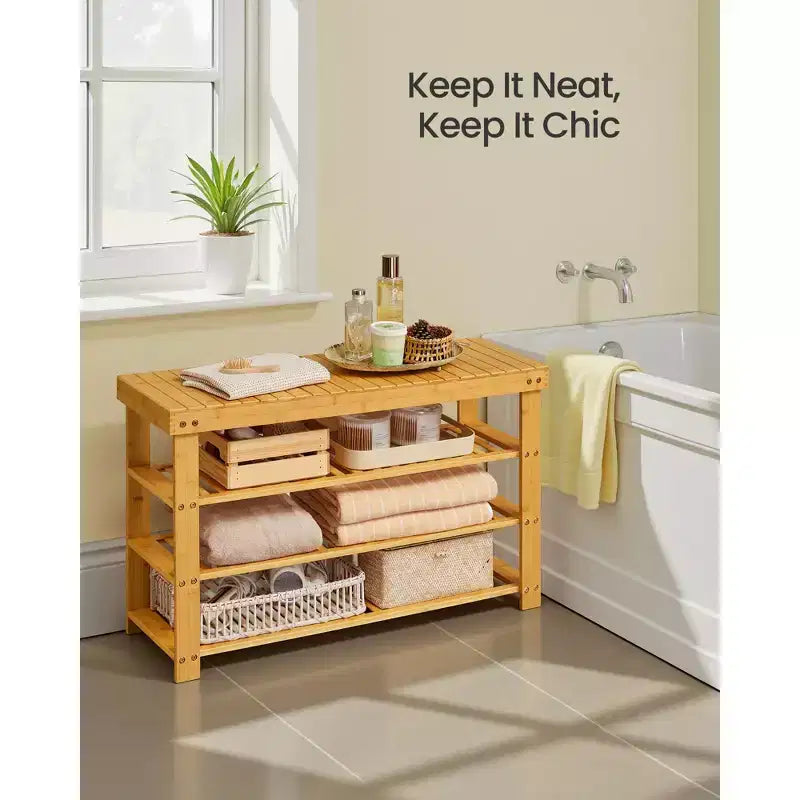 Schuhregalbank, 3-stöckiger Bambus-Schuh-Organizer, Flurbank, für Wohnzimmer, Badezimmer, Schlafzimmer, 28,7 x 89,4 x 52 cm