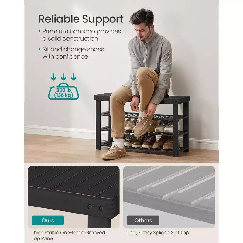 Schuhregalbank, 3-stöckiger Bambus-Schuh-Organizer, Flurbank, für Wohnzimmer, Badezimmer, Schlafzimmer, 28,7 x 89,4 x 52 cm