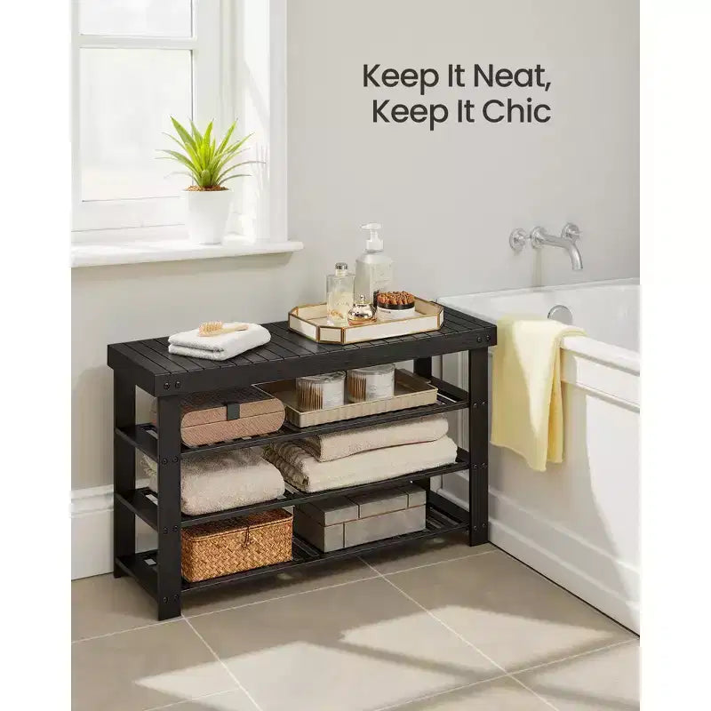 Schuhregalbank, 3-stöckiger Bambus-Schuh-Organizer, Flurbank, für Wohnzimmer, Badezimmer, Schlafzimmer, 28,7 x 89,4 x 52 cm
