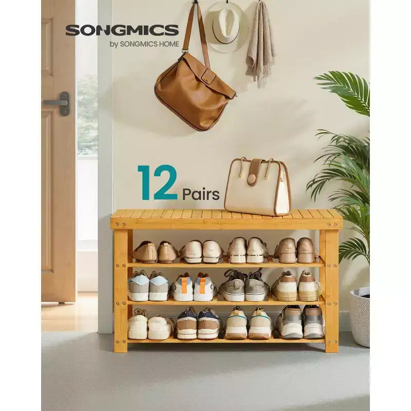 Schuhregalbank, 3-stöckiger Bambus-Schuh-Organizer, Flurbank, für Wohnzimmer, Badezimmer, Schlafzimmer, 28,7 x 89,4 x 52 cm