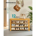 Schuhregalbank, 3-stöckiger Bambus-Schuh-Organizer, Flurbank, für Wohnzimmer, Badezimmer, Schlafzimmer, 28,7 x 89,4 x 52 cm