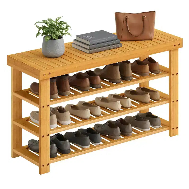 Schuhregalbank, 3-stöckiger Bambus-Schuh-Organizer, Flurbank, für Wohnzimmer, Badezimmer, Schlafzimmer, 28,7 x 89,4 x 52 cm