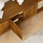 63" Mid-Century Modern ausziehbarer TV-Ständer für 55-75" Fernseher, Farmhouse Media Konsole mit Stauraum & verstellbarer Platte, Braun Ebenholz