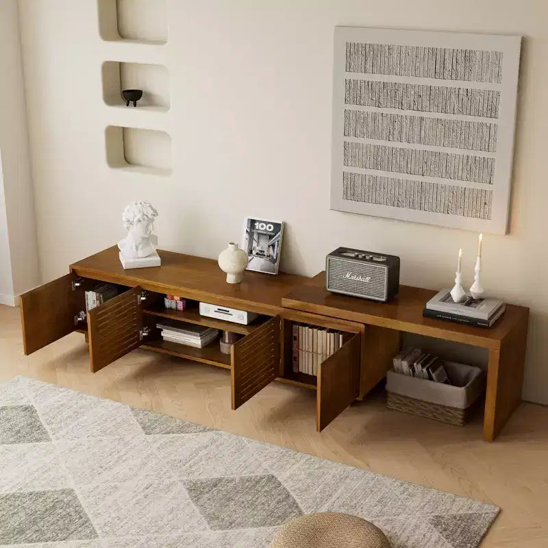 63" Mid-Century Modern ausziehbarer TV-Ständer für 55-75" Fernseher, Farmhouse Media Konsole mit Stauraum & verstellbarer Platte, Braun Ebenholz