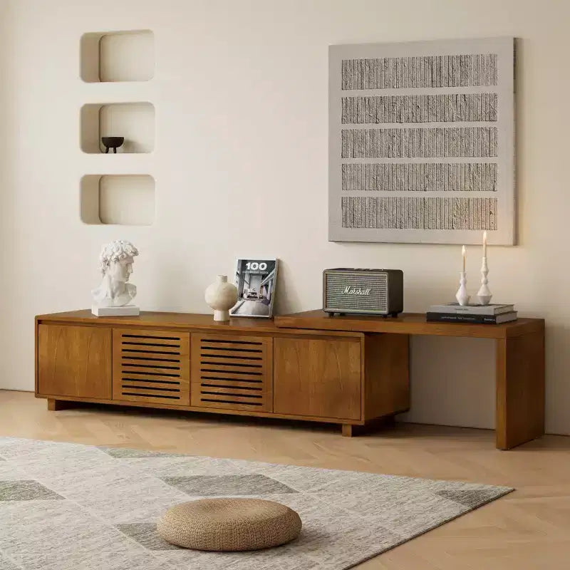 63" Mid-Century Modern ausziehbarer TV-Ständer für 55-75" Fernseher, Farmhouse Media Konsole mit Stauraum & verstellbarer Platte, Braun Ebenholz
