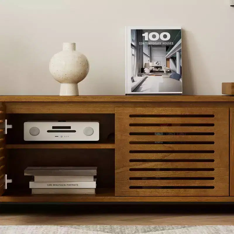 63" Mid-Century Modern ausziehbarer TV-Ständer für 55-75" Fernseher, Farmhouse Media Konsole mit Stauraum & verstellbarer Platte, Braun Ebenholz