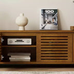 63" Mid-Century Modern ausziehbarer TV-Ständer für 55-75" Fernseher, Farmhouse Media Konsole mit Stauraum & verstellbarer Platte, Braun Ebenholz
