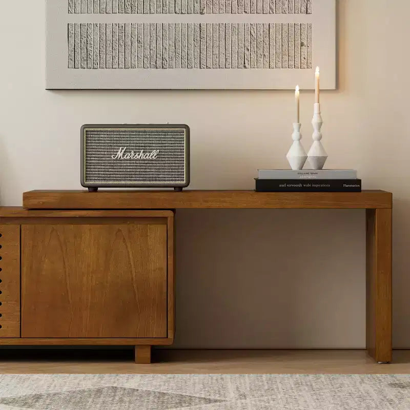 63" Mid-Century Modern ausziehbarer TV-Ständer für 55-75" Fernseher, Farmhouse Media Konsole mit Stauraum & verstellbarer Platte, Braun Ebenholz