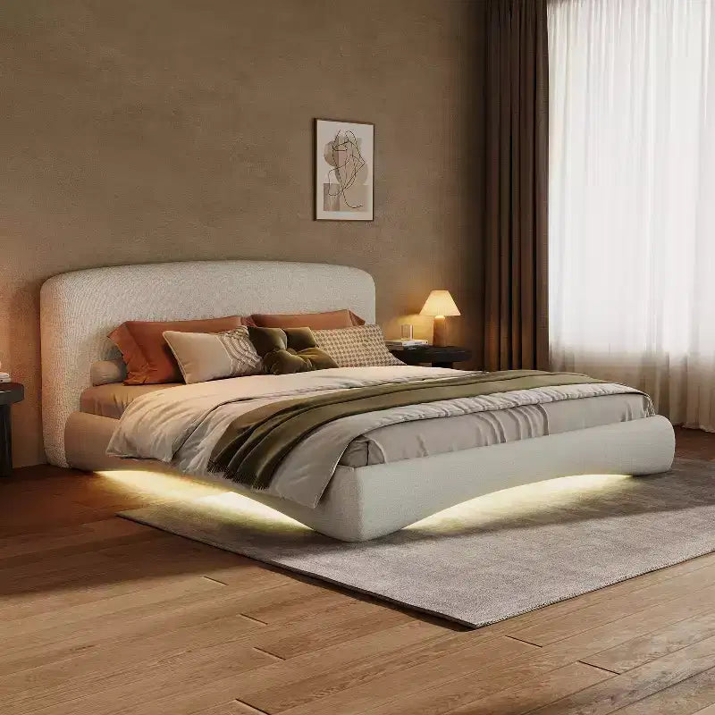 Queen/King Size Upholstered Platform Bed Frame with Padded Headboard, Ambient Lighting & Curve Design, Cream - 
