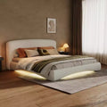 Queen/King Size Upholstered Platform Bed Frame with Padded Headboard, Ambient Lighting & Curve Design, Cream - 