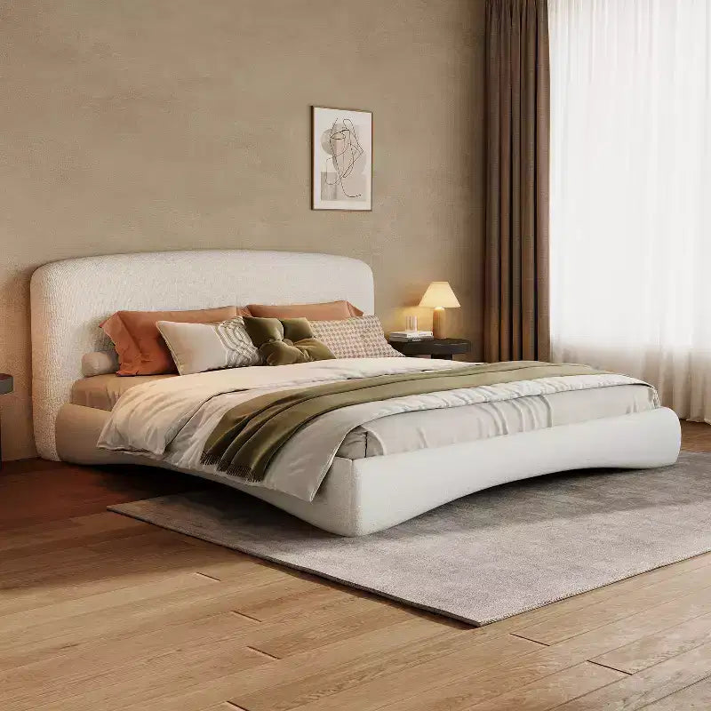 Polsterbettrahmen in Queen/King-Größe mit gepolstertem Kopfteil, Umgebungsbeleuchtung und geschwungenem Design, Creme