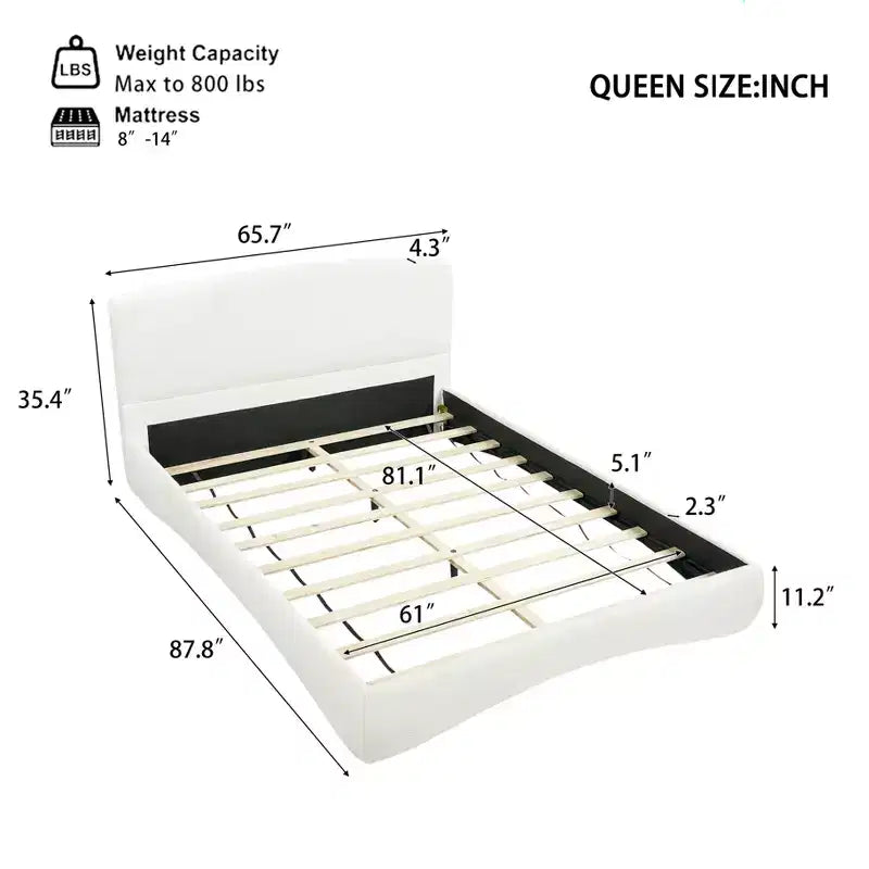 Polsterbettrahmen in Queen/King-Größe mit gepolstertem Kopfteil, Umgebungsbeleuchtung und geschwungenem Design, Creme