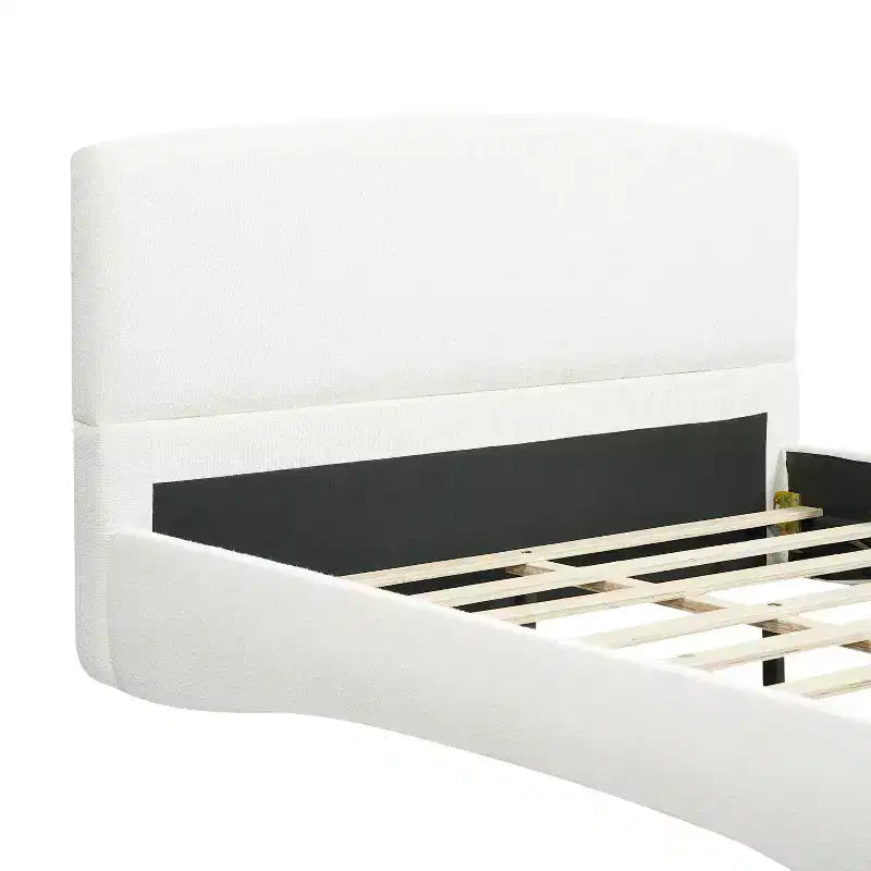 Polsterbettrahmen in Queen/King-Größe mit gepolstertem Kopfteil, Umgebungsbeleuchtung und geschwungenem Design, Creme