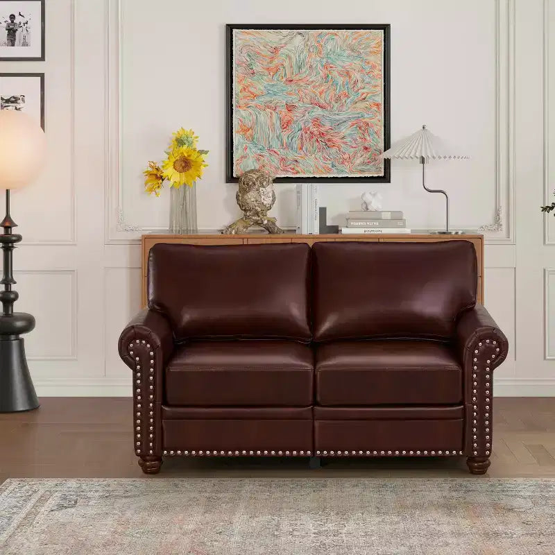  Smooth PU Upholsterey Sofa with Sliver Nail Decor 2 Removable Under-Seat Storage Boxes for Living Room Brown