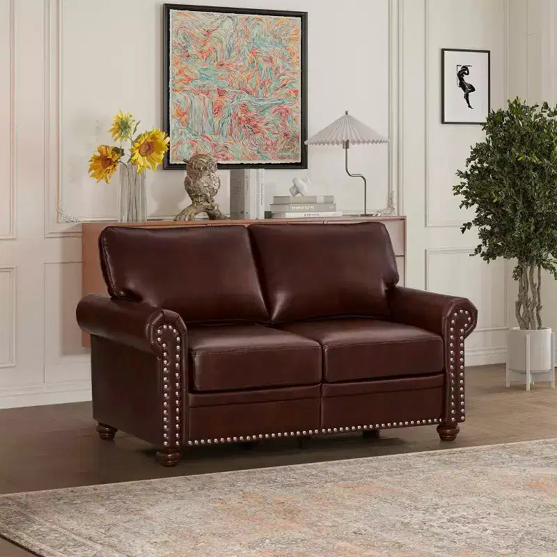 Sofa aus glattem PU-Leder mit silberner Nagelverzierung, 2 abnehmbarem Stauraum unter dem Sitz für das Wohnzimmer, Braun
