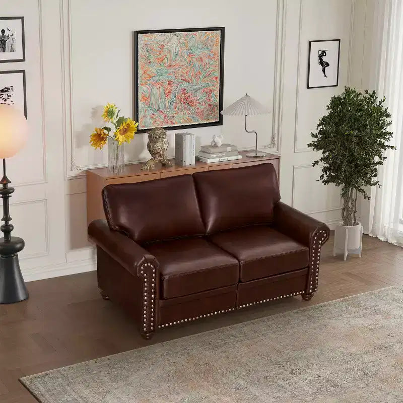 Sofa aus glattem PU-Leder mit silberner Nagelverzierung, 2 abnehmbarem Stauraum unter dem Sitz für das Wohnzimmer, Braun