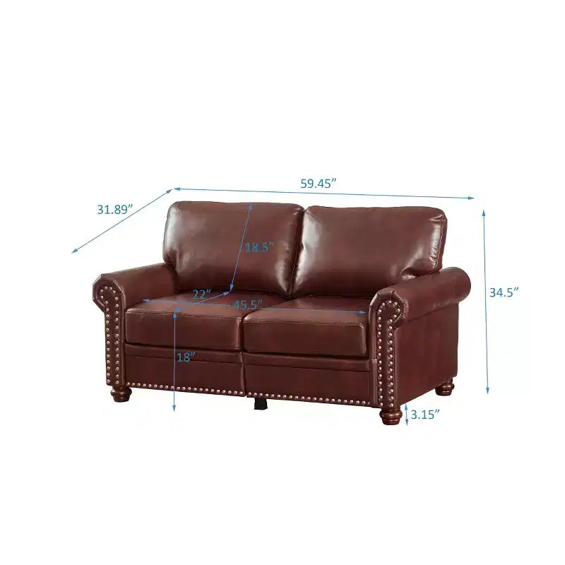 Sofa aus glattem PU-Leder mit silberner Nagelverzierung, 2 abnehmbarem Stauraum unter dem Sitz für das Wohnzimmer, Braun