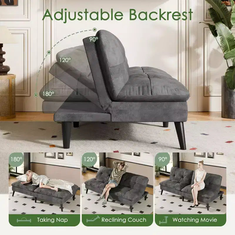 Samt-Futon-Couch-Sofa mit verstellbarer Rückenlehne, kleines umwandelbares Schlafsofa, modernes Zweisitzer-Sofa für Wohnzimmer, kleine Räume