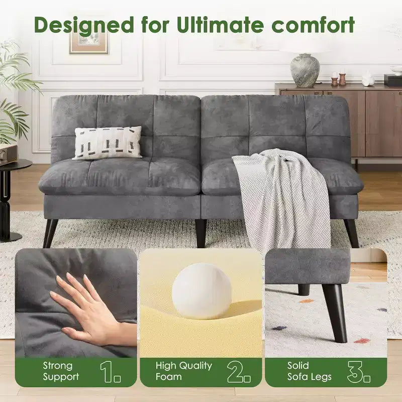 Samt-Futon-Couch-Sofa mit verstellbarer Rückenlehne, kleines umwandelbares Schlafsofa, modernes Zweisitzer-Sofa für Wohnzimmer, kleine Räume