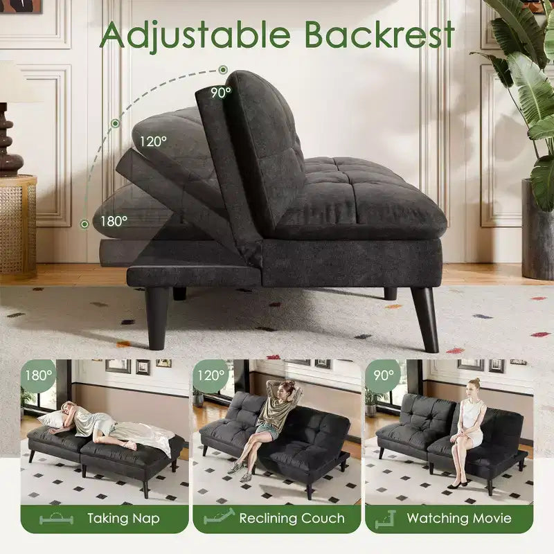 Samt-Futon-Couch-Sofa mit verstellbarer Rückenlehne, kleines umwandelbares Schlafsofa, modernes Zweisitzer-Sofa für Wohnzimmer, kleine Räume