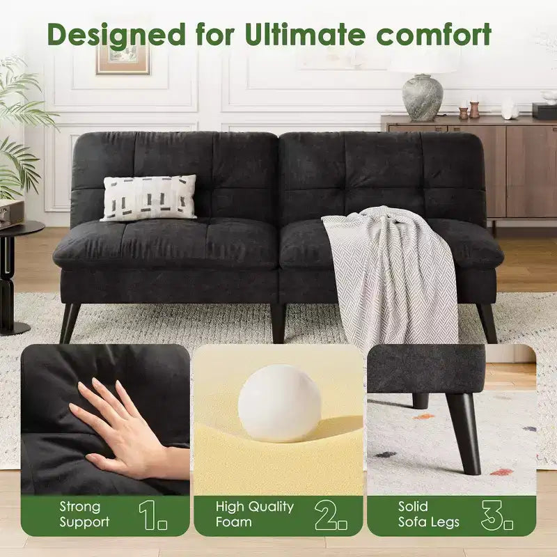 Samt-Futon-Couch-Sofa mit verstellbarer Rückenlehne, kleines umwandelbares Schlafsofa, modernes Zweisitzer-Sofa für Wohnzimmer, kleine Räume