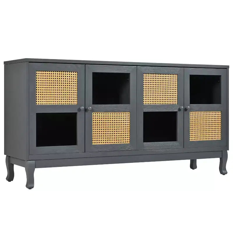 Sideboard-Buffetschrank mit 4 Rattan- und Glastüren, Konsolentisch mit Stauraum für Eingangsbereich, Esszimmer oder Wohnzimmer
