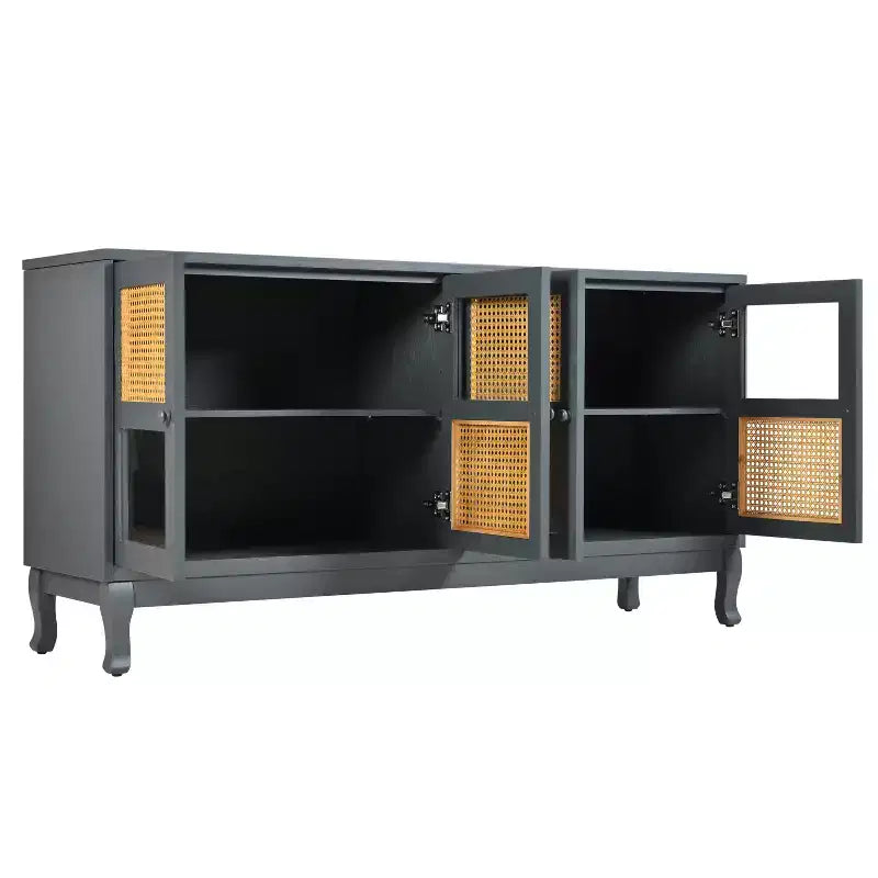 Sideboard-Buffetschrank mit 4 Rattan- und Glastüren, Konsolentisch mit Stauraum für Eingangsbereich, Esszimmer oder Wohnzimmer