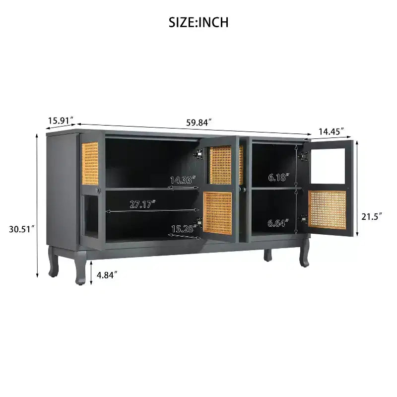 Sideboard-Buffetschrank mit 4 Rattan- und Glastüren, Konsolentisch mit Stauraum für Eingangsbereich, Esszimmer oder Wohnzimmer