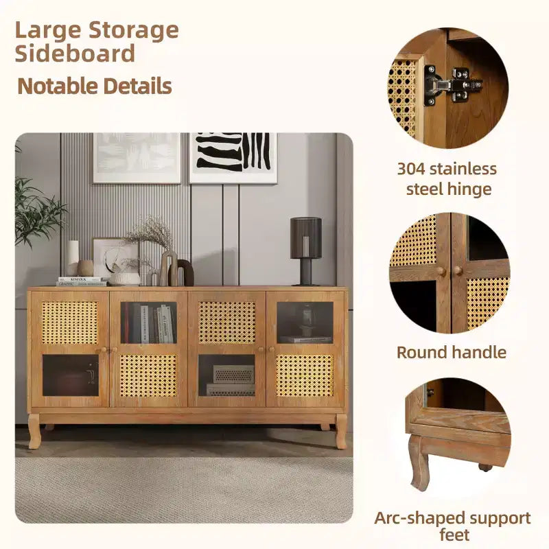 Sideboard-Buffetschrank mit 4 Rattan- und Glastüren, Konsolentisch mit Stauraum für Eingangsbereich, Esszimmer oder Wohnzimmer