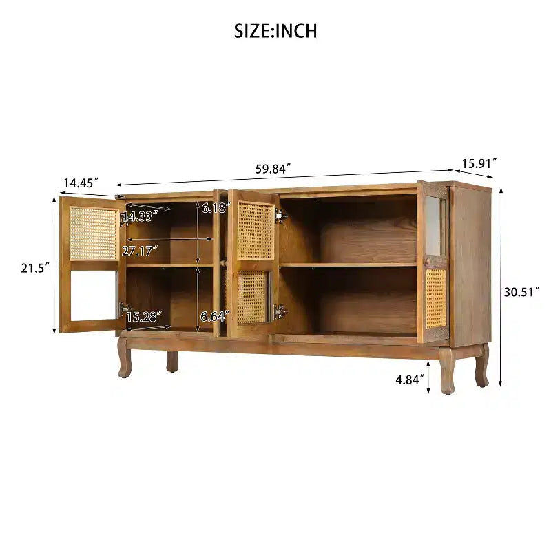 Sideboard-Buffetschrank mit 4 Rattan- und Glastüren, Konsolentisch mit Stauraum für Eingangsbereich, Esszimmer oder Wohnzimmer