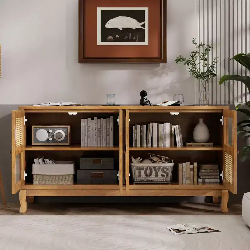 Sideboard-Buffetschrank mit 4 Rattan- und Glastüren, Konsolentisch mit Stauraum für Eingangsbereich, Esszimmer oder Wohnzimmer
