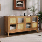 Sideboard-Buffetschrank mit 4 Rattan- und Glastüren, Konsolentisch mit Stauraum für Eingangsbereich, Esszimmer oder Wohnzimmer