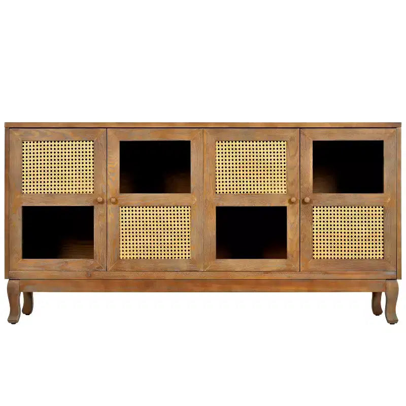 Sideboard-Buffetschrank mit 4 Rattan- und Glastüren, Konsolentisch mit Stauraum für Eingangsbereich, Esszimmer oder Wohnzimmer