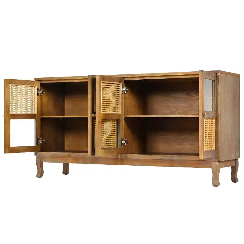 Sideboard-Buffetschrank mit 4 Rattan- und Glastüren, Konsolentisch mit Stauraum für Eingangsbereich, Esszimmer oder Wohnzimmer