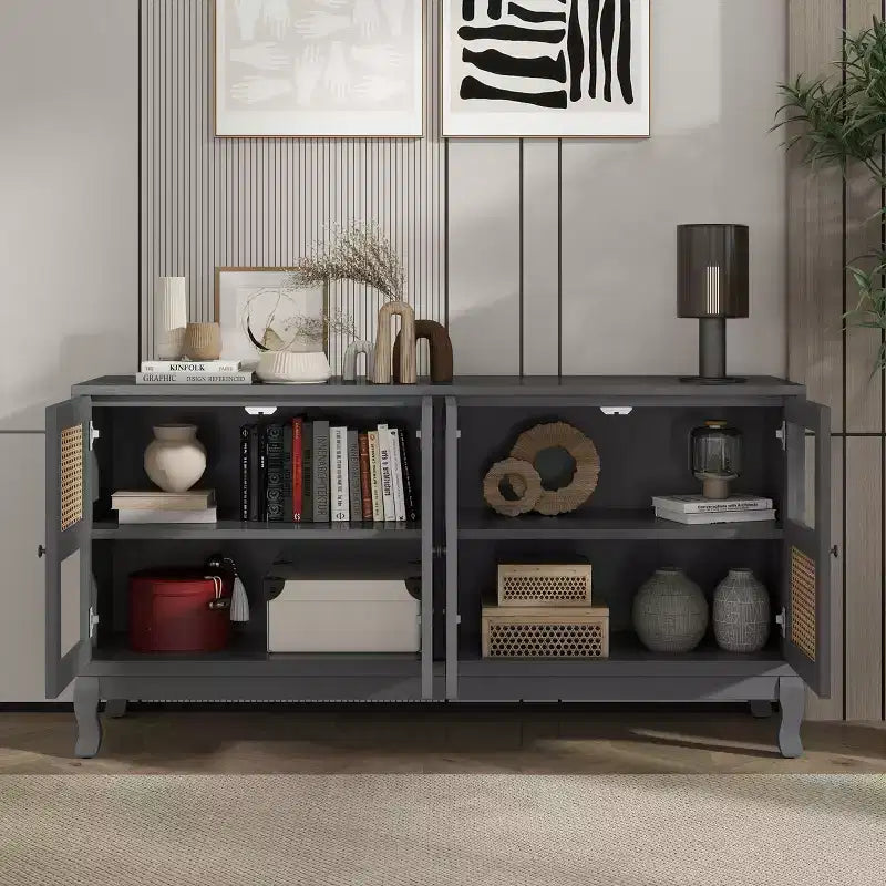 Sideboard-Buffetschrank mit 4 Rattan- und Glastüren, Konsolentisch mit Stauraum für Eingangsbereich, Esszimmer oder Wohnzimmer