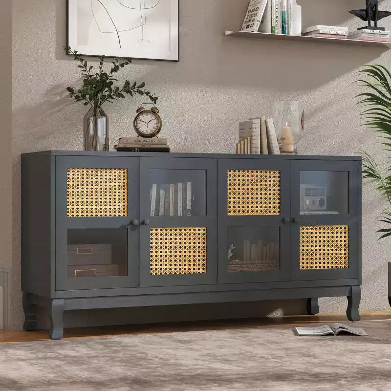 Sideboard-Buffetschrank mit 4 Rattan- und Glastüren, Konsolentisch mit Stauraum für Eingangsbereich, Esszimmer oder Wohnzimmer