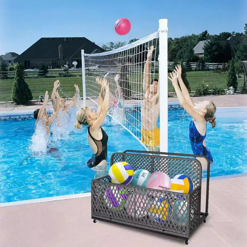 Schwimmbad-Aufbewahrungsbox aus Korbgeflecht mit feststellbaren Rollen, für Schwimmkörper, Westen, Bälle, Kissen und Terrassenausrüstung