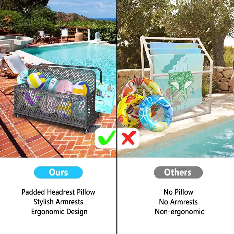 Schwimmbad-Aufbewahrungsbox aus Korbgeflecht mit feststellbaren Rollen, für Schwimmkörper, Westen, Bälle, Kissen und Terrassenausrüstung