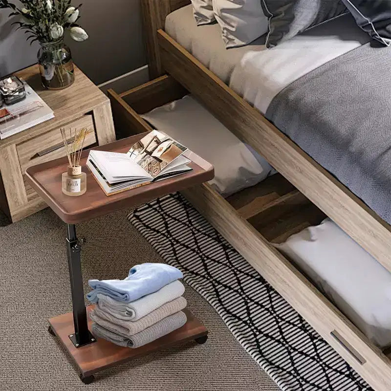 Rollbarer C-förmiger Beistelltisch mit verstellbarer Höhe und aufklappbarer Platte, Akazienholz & Metallrahmen für Sofa, Bett & Wohnzimmer