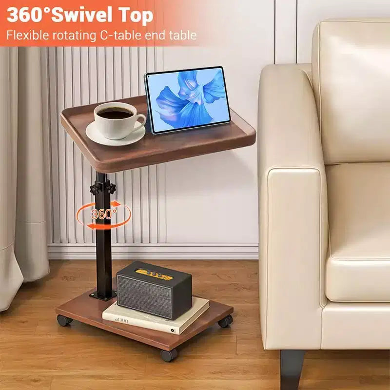 Rollbarer C-förmiger Beistelltisch mit verstellbarer Höhe und aufklappbarer Platte, Akazienholz & Metallrahmen für Sofa, Bett & Wohnzimmer