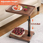Rollbarer C-förmiger Beistelltisch mit verstellbarer Höhe und aufklappbarer Platte, Akazienholz & Metallrahmen für Sofa, Bett & Wohnzimmer