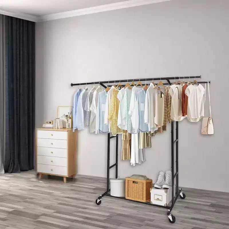 Schwerlast-Kleiderständer Schwarz mit feststellbaren Rollen, Doppelstange Rollbarer Kleiderständer für Kleider, Mäntel & den gewerblichen Einsatz