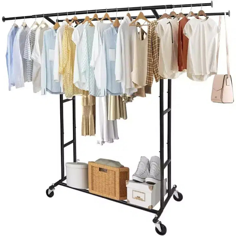 Schwerlast-Kleiderständer Schwarz mit feststellbaren Rollen, Doppelstange Rollbarer Kleiderständer für Kleider, Mäntel & den gewerblichen Einsatz