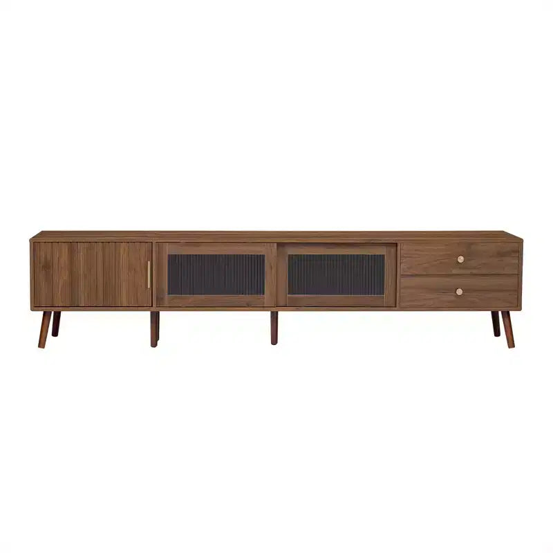  77Modern Minimal TV Stand, Wood-Grain Glass-Door Media Console (for TVs up to 85), Solid Wood+MDF Storage Cabinet