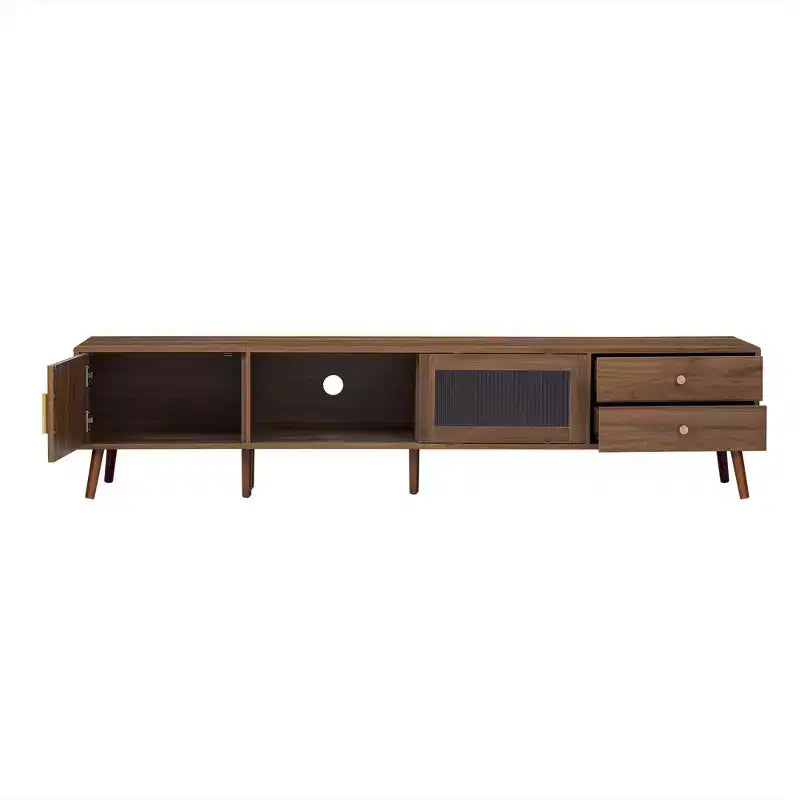 77 Zoll Moderner Minimalistischer TV-Ständer, Holzmaserung & Glastür Medienkonsole für TVs bis zu 85 Zoll, Massivholz & MDF Aufbewahrungsschrank