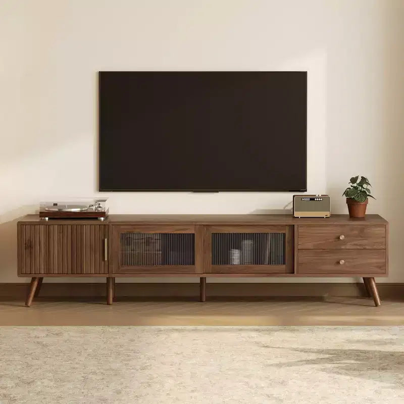 77 Zoll Moderner Minimalistischer TV-Ständer, Holzmaserung & Glastür Medienkonsole für TVs bis zu 85 Zoll, Massivholz & MDF Aufbewahrungsschrank