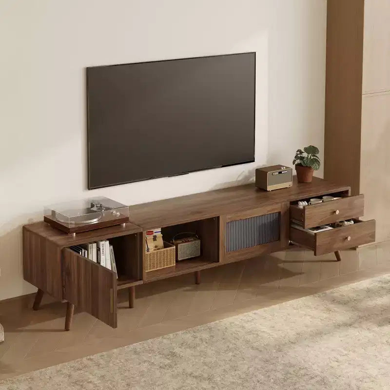 77 Zoll Moderner Minimalistischer TV-Ständer, Holzmaserung & Glastür Medienkonsole für TVs bis zu 85 Zoll, Massivholz & MDF Aufbewahrungsschrank