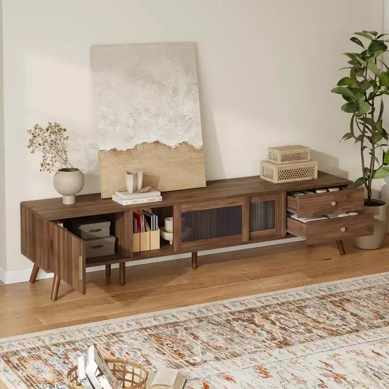 77 Zoll Moderner Minimalistischer TV-Ständer, Holzmaserung & Glastür Medienkonsole für TVs bis zu 85 Zoll, Massivholz & MDF Aufbewahrungsschrank