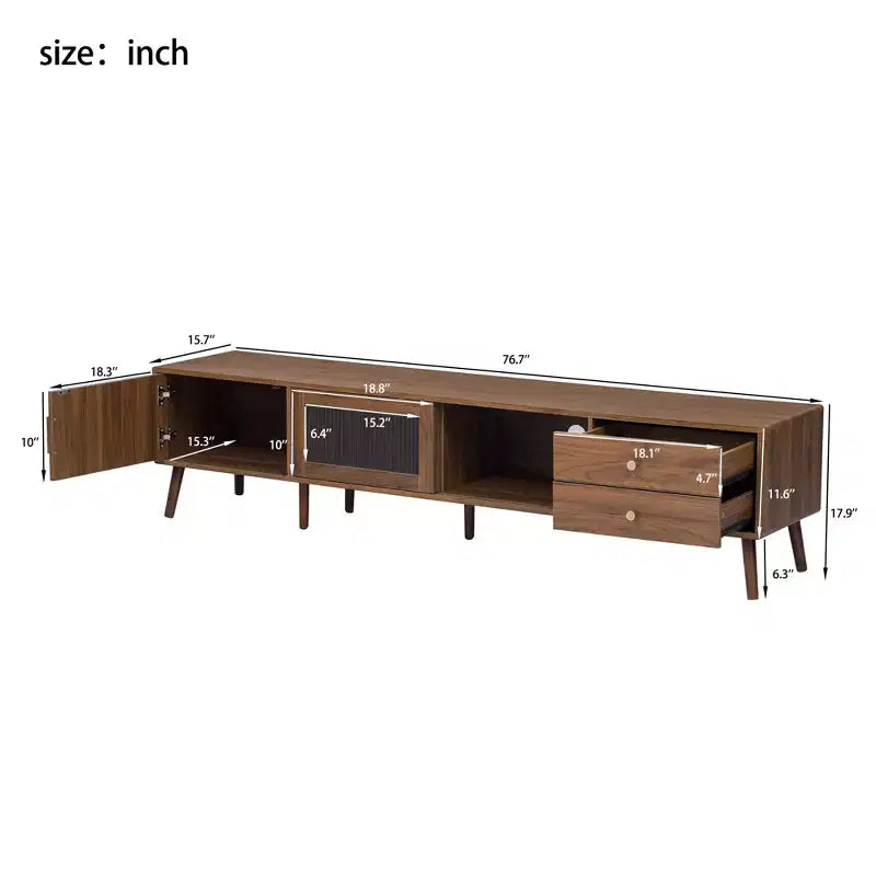 77 Zoll Moderner Minimalistischer TV-Ständer, Holzmaserung & Glastür Medienkonsole für TVs bis zu 85 Zoll, Massivholz & MDF Aufbewahrungsschrank
